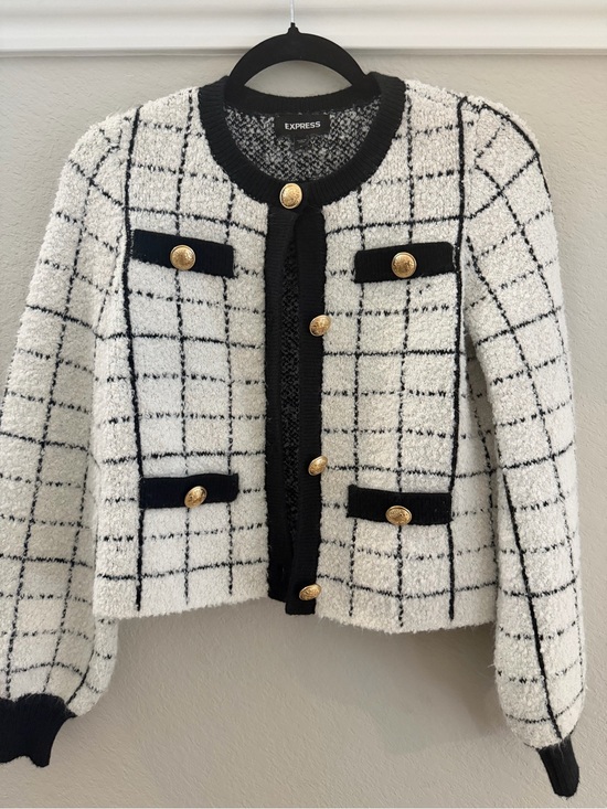 Express Jackets & Blazers - Express Black & White Windowpane Tweed Blazer with Gold Buttons